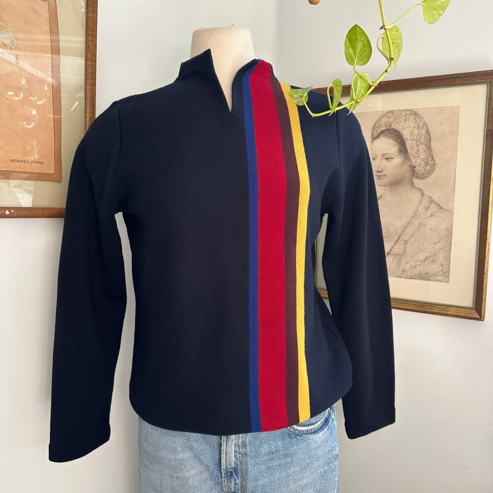VTG Liz Claiborne Black Sweater Multicolor Stripes Retro Women's Knitwear Sz L